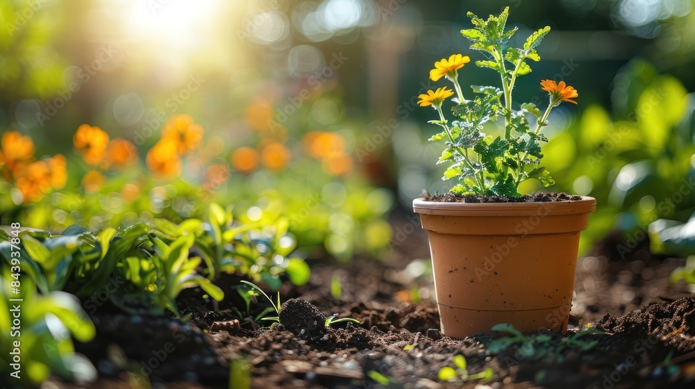 Blooming Spring Garden: Flowerpots and Equipment in a Sunny Oasis Blooming Spring Garden: Flowerpots and Equipment in a Sunny Oasis