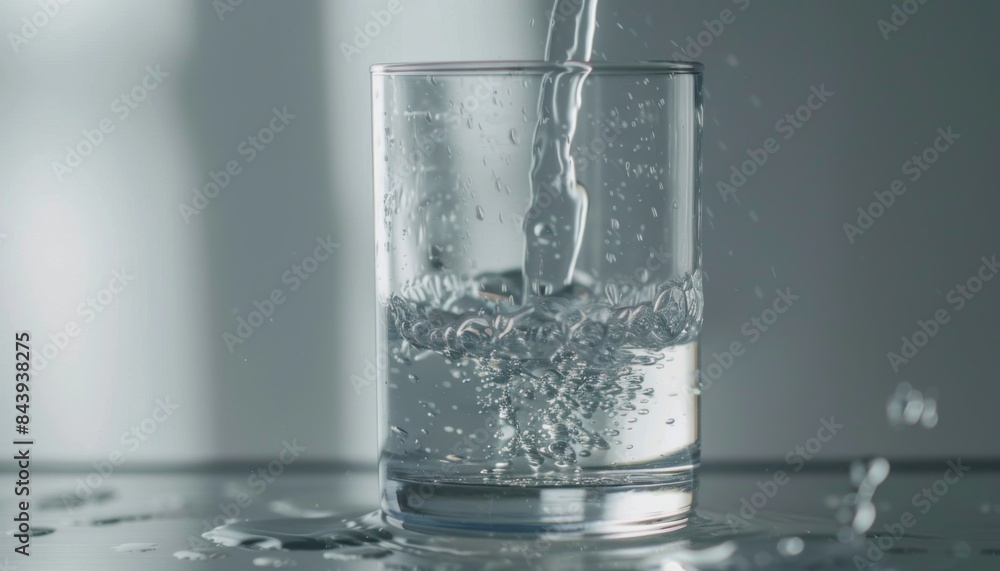 Fresh water is poured into a transparent glass. Splash in a glass, drop of water falling into a glass Fresh water is poured into a transparent glass. Splash in a glass, drop of water falling into a glass