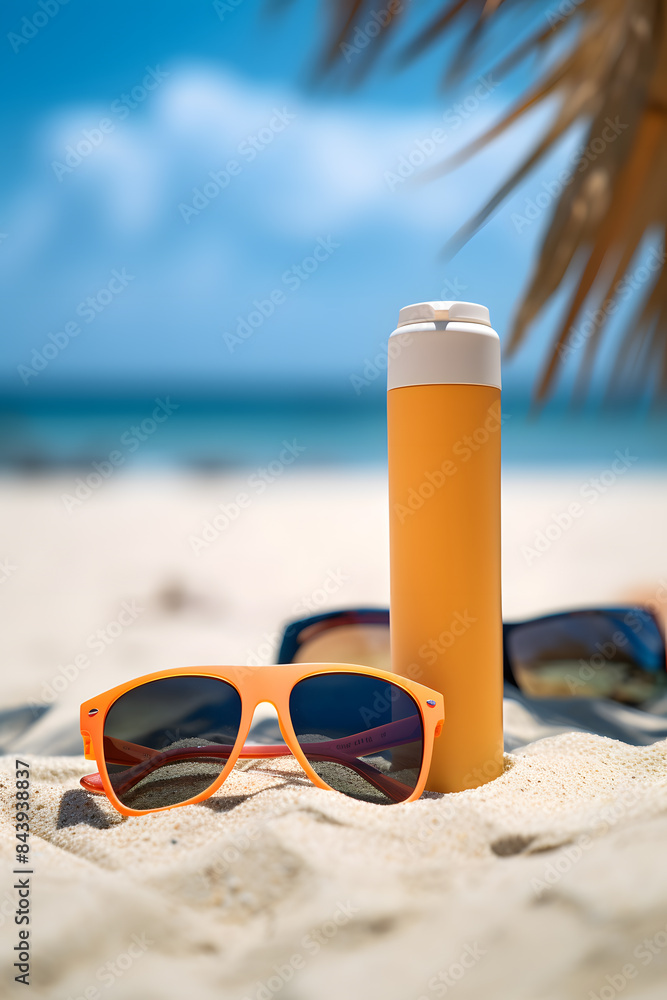 Sunscreen and sunglasses on the sand of a beach Sunscreen and sunglasses on the sand of a beach