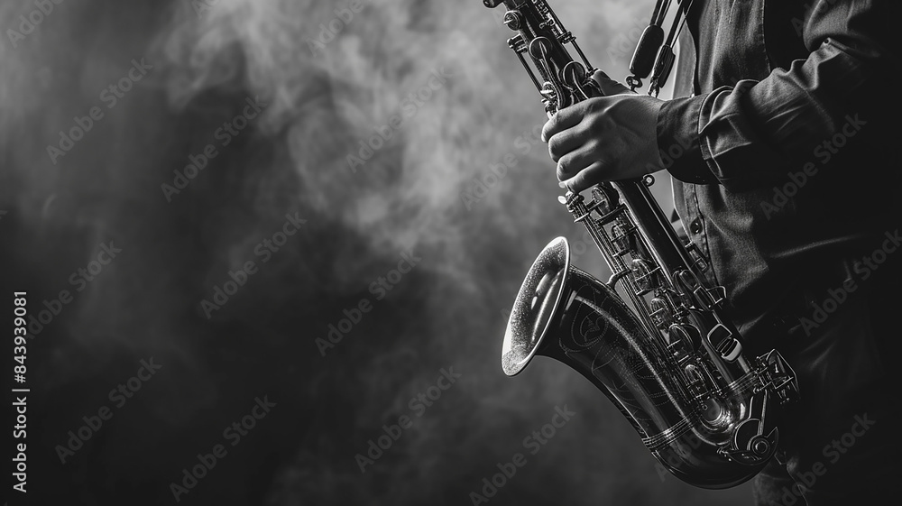 Obraz premium A man in a strict dark suit plays the saxophone. Black and white tinted photo.