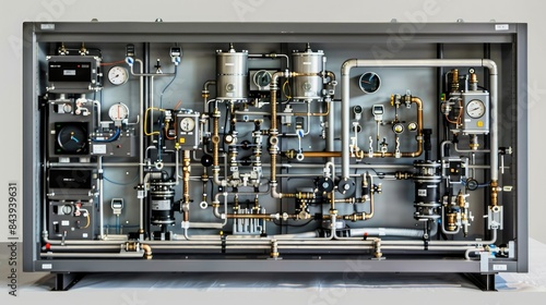 complex and highly detailed technological module enclosed within a sturdy casing. It features an array of intricate components, including pipes, valves, gauges, and wiring photo