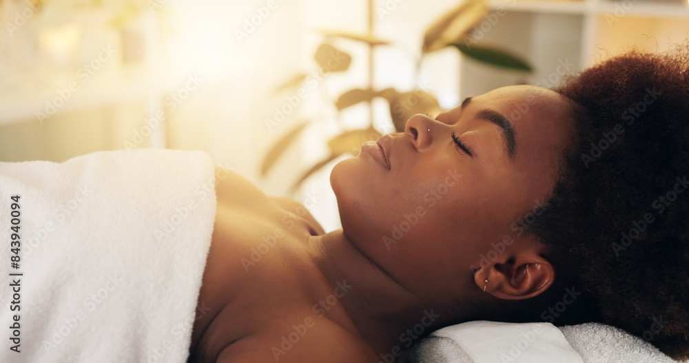Vacation, peace and black woman with spa massage, salon beauty and healing with weekend break, physical therapy and holiday. African person, closeup and girl with getaway trip, stress relief and calm Vacation, peace and black woman with spa massage, salon beauty and healing with weekend break, physical therapy and holiday. African person, closeup and girl with getaway trip, stress relief and calm