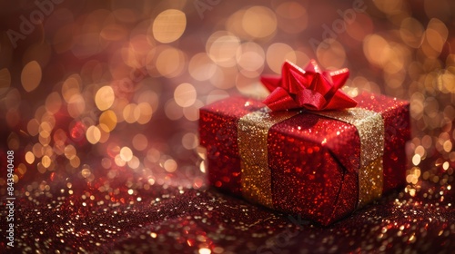 Sparkling Red Gift on Glittering Gold Background © hisilly