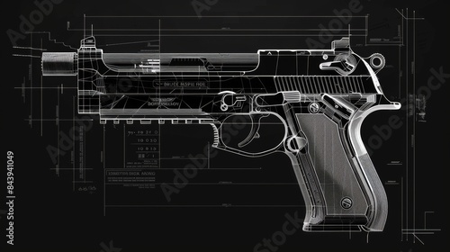 Technical Design Drawing of a Modern Handgun photo