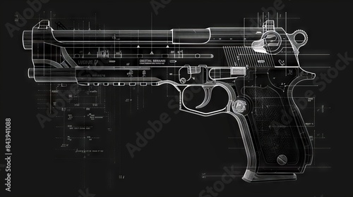Detailed Schematic of a Modern Handgun in Black and White