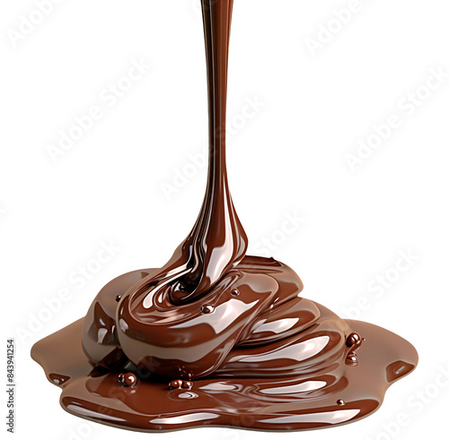 Melted chocolate pouring and forming a puddle on a transparent background. photo