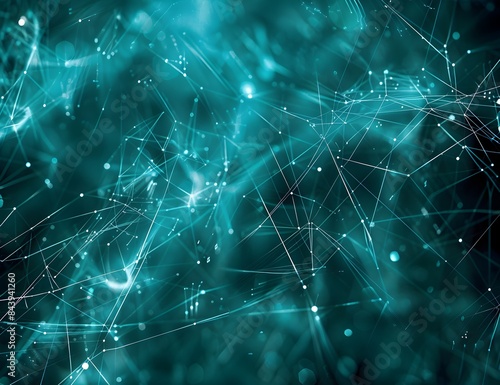 Abstract digital background with blue glowing network connections and polygonal lines on a dark teal backdrop, depicting a technology concept

