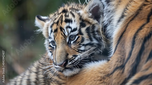 Closeup of a young siberian tiger playing with its mother