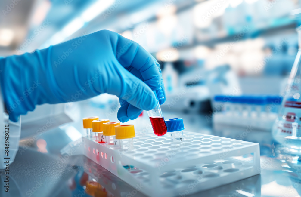 Hand placing a vial into a laboratory rack with other samples in a modern lab Hand placing a vial into a laboratory rack with other samples in a modern lab