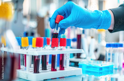 Gloved hand organizing blood sample tubes for diagnostics in a laboratory