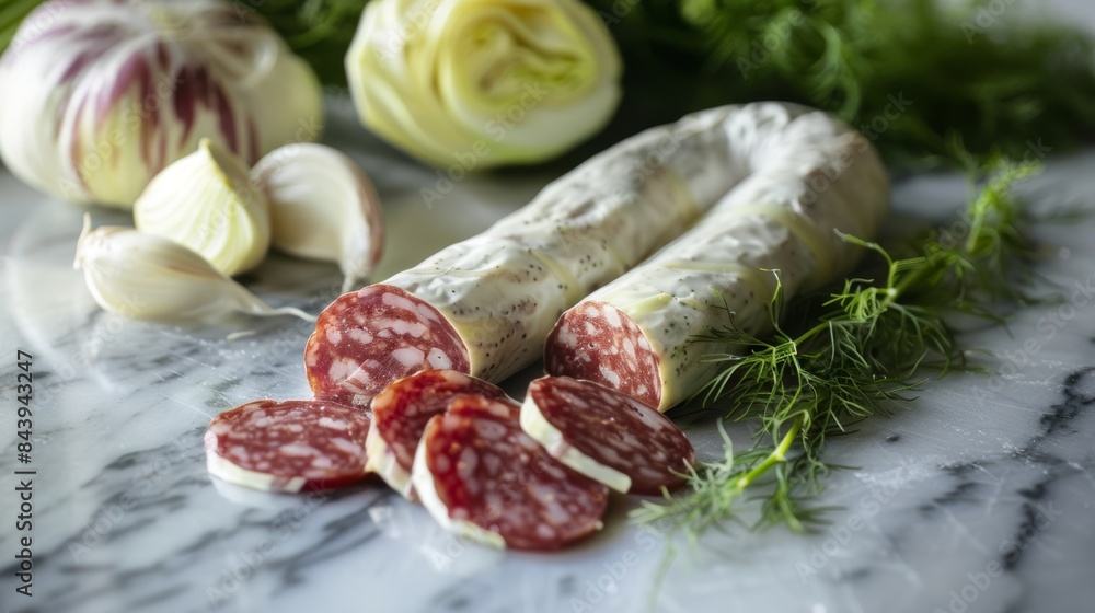 Sliced Italian Salami With Fennel and Garlic on Marble Surface Sliced Italian Salami With Fennel and Garlic on Marble Surface