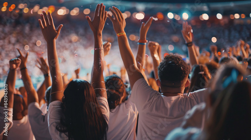 Cheering audience with raised hands enjoying a concert at a festival