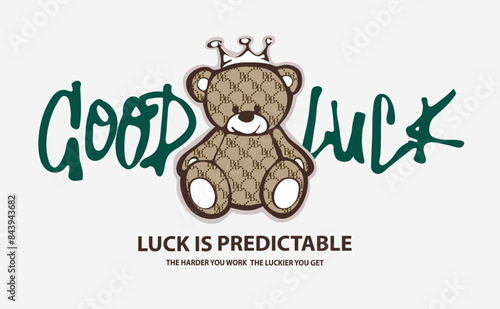 good luck calligraphy slogan with cartoon bear doll line art vector illustration