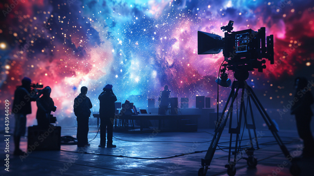 Behind-the-scenes look of a movie set captures the crew in silhouette against a vibrant cosmic background