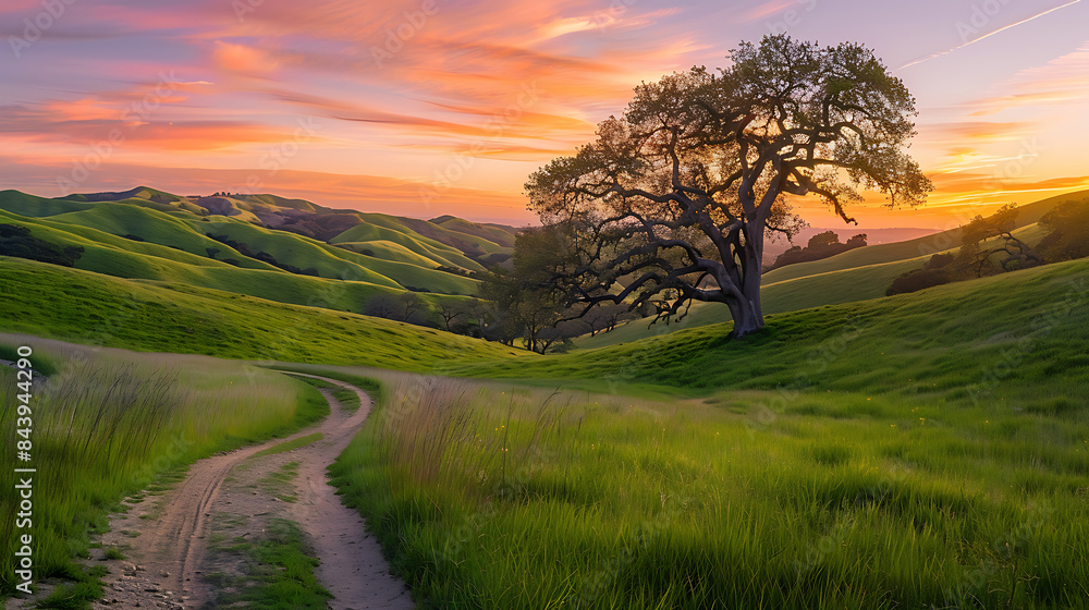 a dirt road leads into a green valley with a tree in the foreground. a dirt road leads into a green valley with a tree in the foreground.