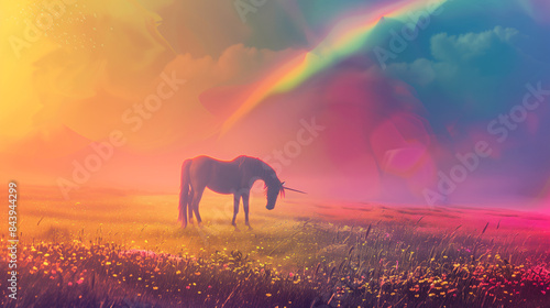 A magical unicorn in a field with a rainbow background © seksun