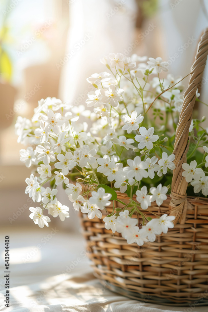 Bouquet of white summer wildflowers in a wicker basket Bouquet of white summer wildflowers in a wicker basket