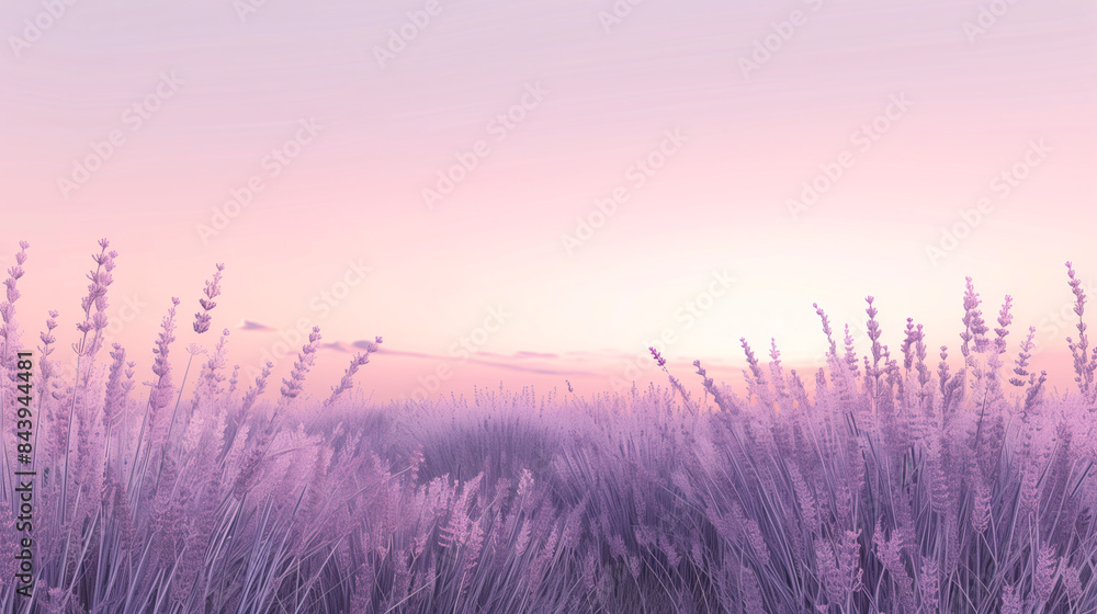A serene lavender field at dusk with a pastel pink background A serene lavender field at dusk with a pastel pink background