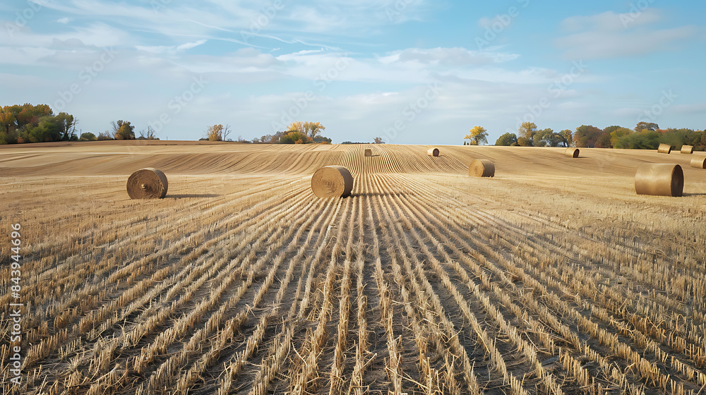 Fototapeta premium a field with hay bales that has a blue sky in the background.