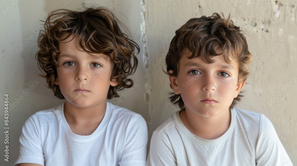 Brotherly pair of young boys with curly hair and solemn expressions posing against an indoor background Brotherly pair of young boys with curly hair and solemn expressions posing against an indoor background