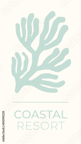 Seaweed coral cut out print, logo template. Underwater sea life pastel blue and cream summer holiday coastal wall art.