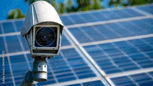 CCTV camera monitoring solar panels or polycrystalline silicon solar cells in the farm. Security in solar power plant. Photovoltaic modules for renewable energy, Generative AI
