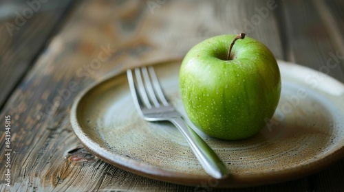 Fresh green apple on a textured ceramic plate next to a silver fork, set on a wooden table photo