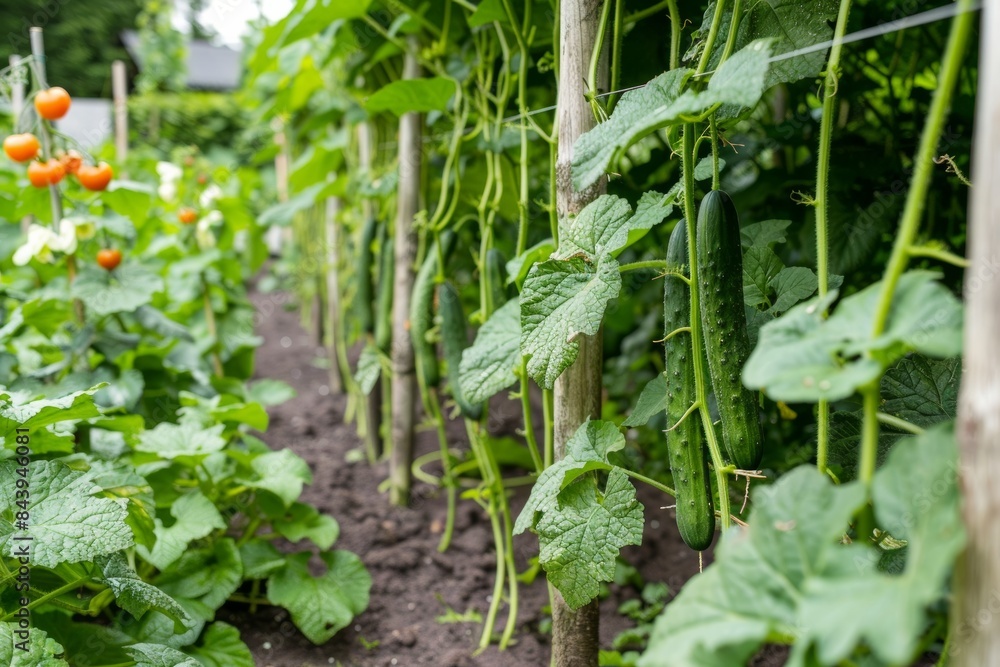 Cucumbers Growing on a Trellis in a Garden Cucumbers Growing on a Trellis in a Garden