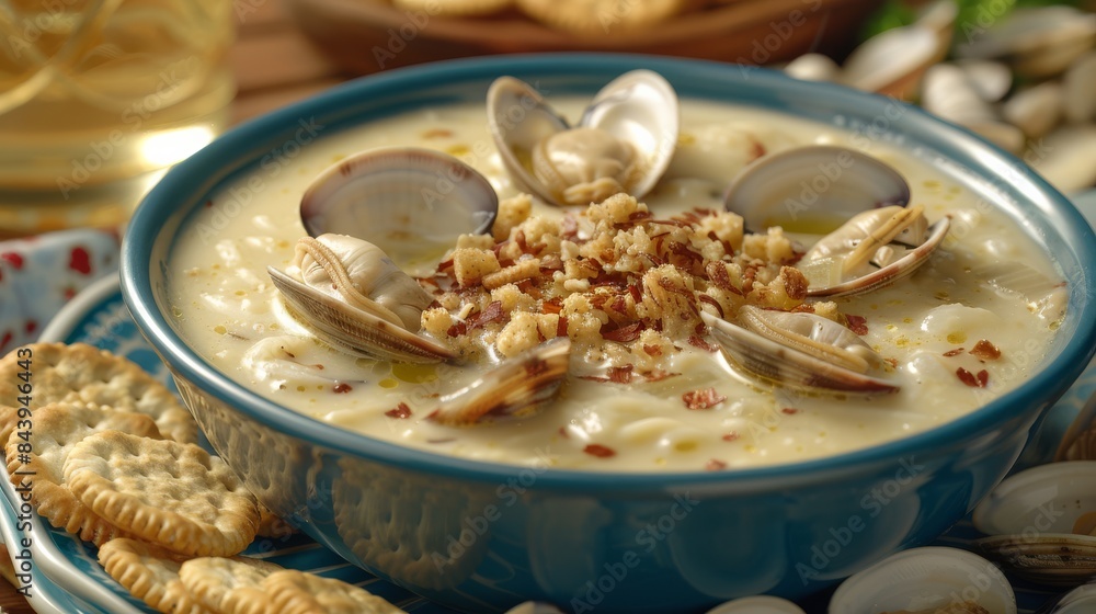 Delicious creamy clam chowder topped with clams and cracker crumbs, served in a blue bowl, surrounded by crispy crackers and nuts Delicious creamy clam chowder topped with clams and cracker crumbs, served in a blue bowl, surrounded by crispy crackers and nuts