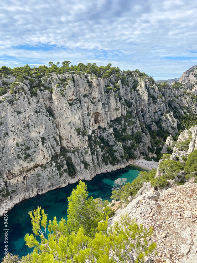 The Calanques National Park is a French national park located on the Mediterranean coast in Bouches-du-Rhône, Southern France. The beach of En-Vau and it's high limestone cliffs near Cassis.