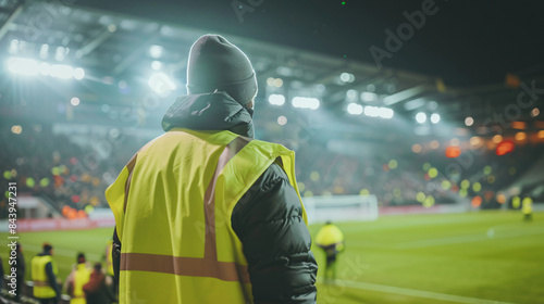 Steward overseeing safety at a nighttime soccer match from behind