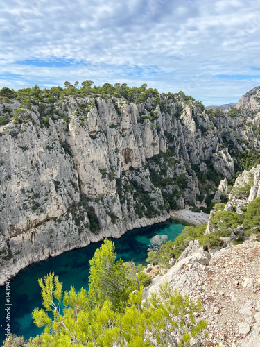 Obraz na płótnie The Calanques National Park is a French national park located on the Mediterranean coast in Bouches-du-Rhône, Southern France. The beach of En-Vau and it's high limestone cliffs near Cassis. w salonie