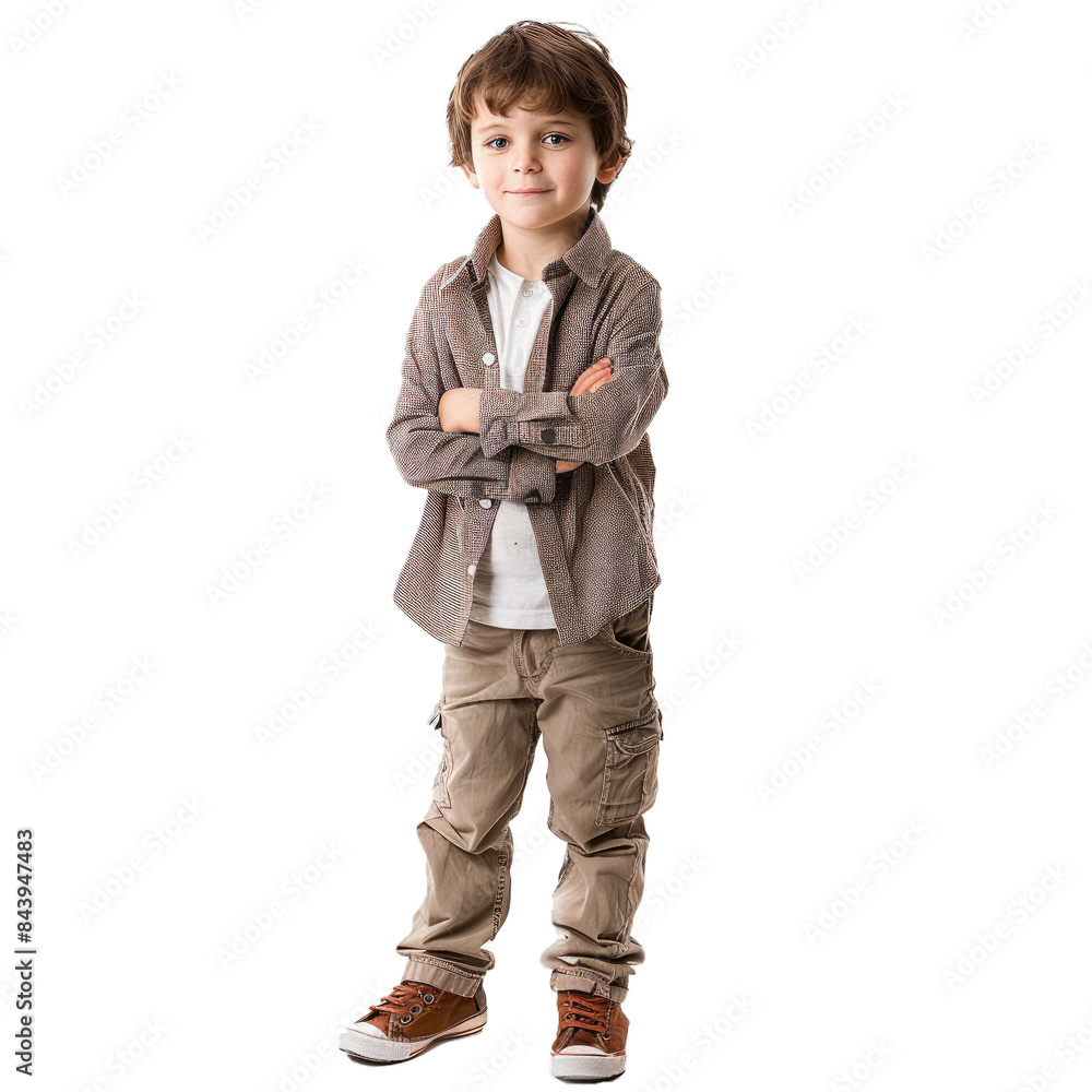 Young boy stands with arms crossed, wearing casual attire, isolated on a transparent checkered pattern Young boy stands with arms crossed, wearing casual attire, isolated on a transparent checkered pattern