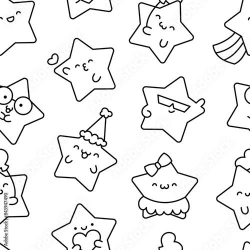 Cute kawaii stars character with different happy expression activity. Seamless pattern. Coloring Page. Hand drawn style. Vector drawing. Design ornaments.