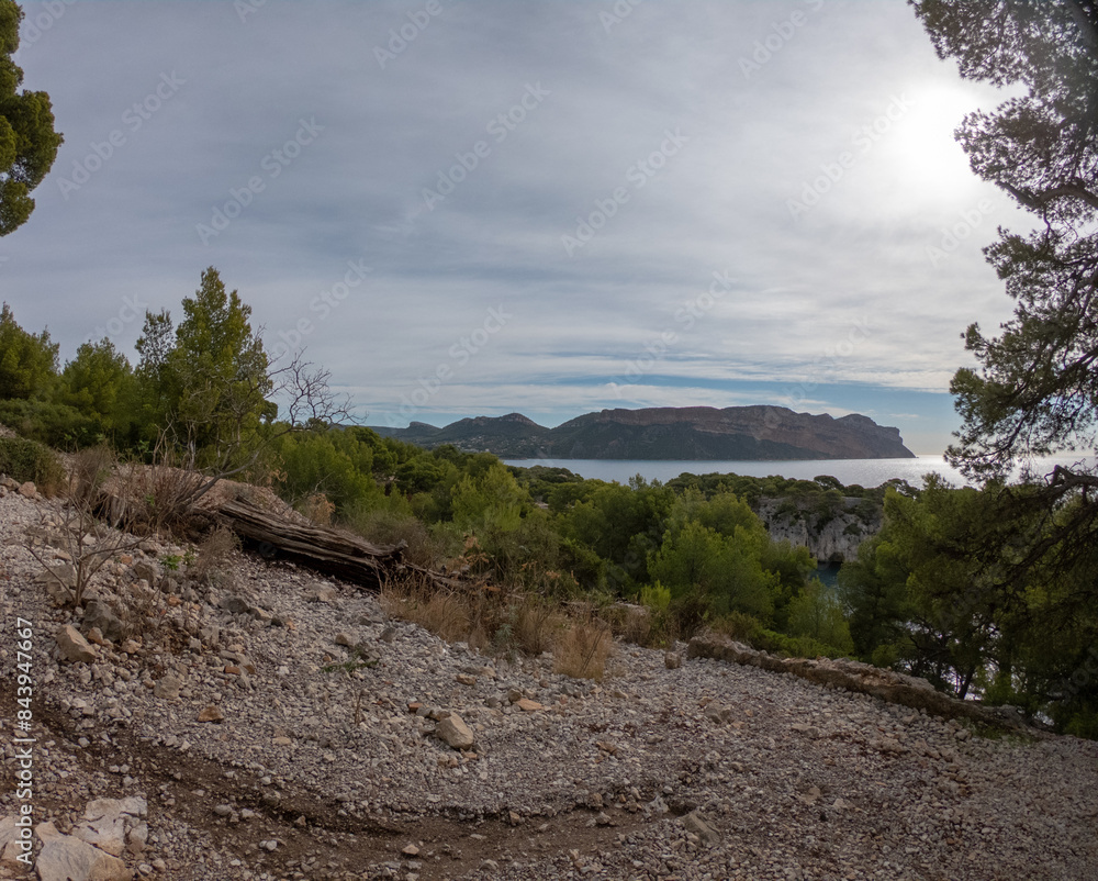 Rocky hiking path in mountain range Massif des Calanques near Cassis at the French Riviera, France. Walking trail near Calanque d'en vau.