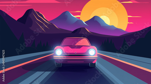 Illustration in a cartoon style depicting a sedan driving on a mountain road 