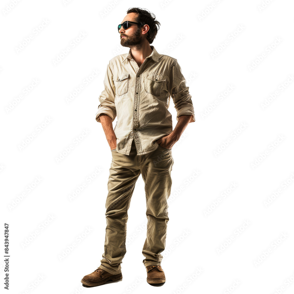 Stylish young man in khaki clothing and sunglasses standing against a checkered backdrop Stylish young man in khaki clothing and sunglasses standing against a checkered backdrop