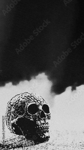 Human Skull Abstract Sillhouette with Flowers in Black and White Post War Scene  photo