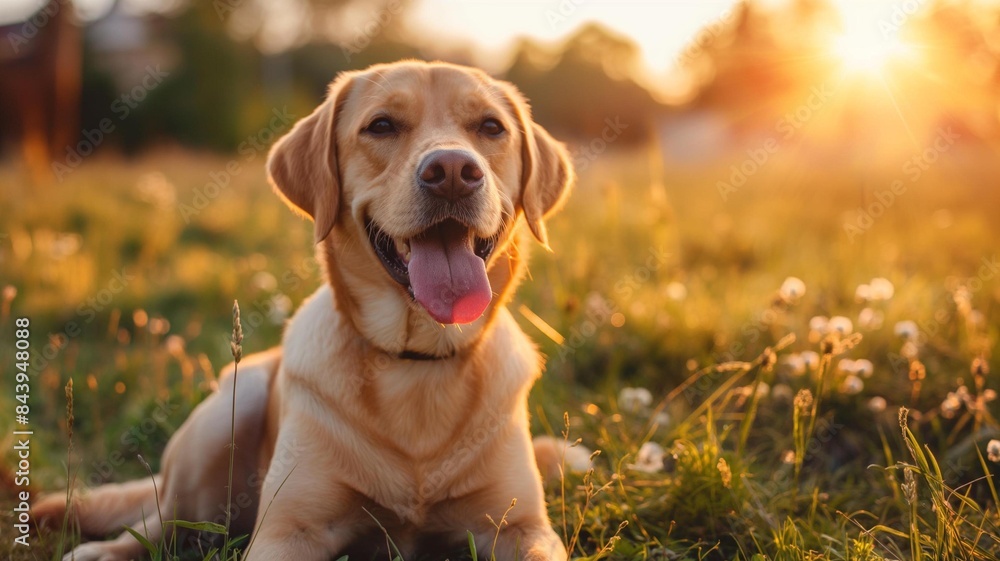 Happy Labrador Retriever lying in a sunny meadow, enjoying the warm, golden light of a beautiful outdoor day, showcasing the joy and playfulness of a beloved pet in nature. Generative AI Happy Labrador Retriever lying in a sunny meadow, enjoying the warm, golden light of a beautiful outdoor day, showcasing the joy and playfulness of a beloved pet in nature. Generative AI