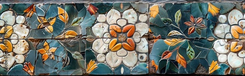 Vintage Mosaic Floral Tiles  Colorful Leaves and Ornate Geometric Patterns on Shabby Stoneware and Concrete Background - Panoramic Banner