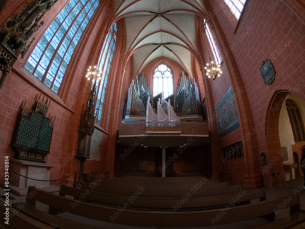 Frankfurt am Main, Germany, December 7, 2021: The stunning large organ of the Frankfurt Cathedral, also known as the Kaiserdom, as the emperors of the Holy Roman Empire were elected there.