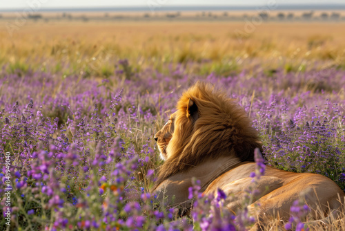 A lion sits in a field and is surrounded by lavender petals on a bright sunndy day photo