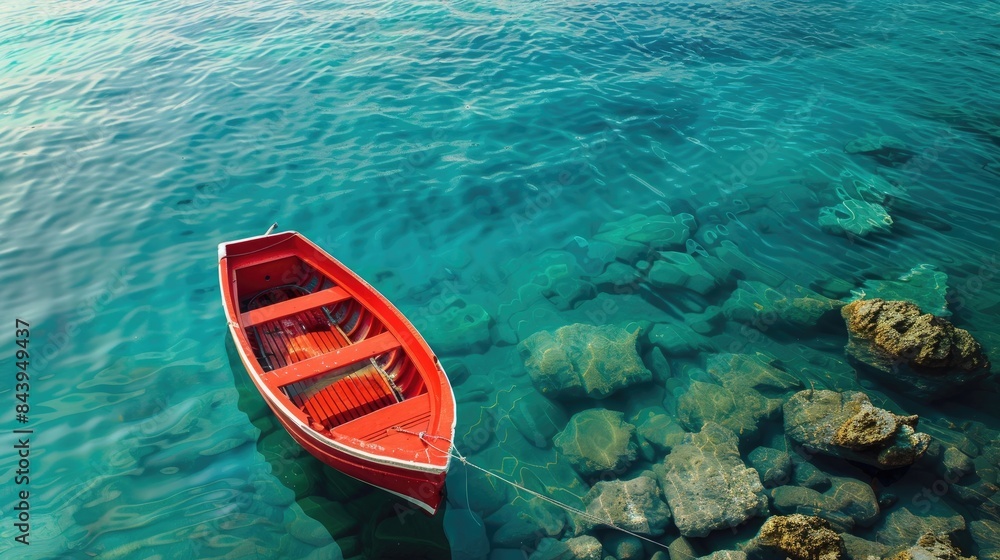 A tiny crimson boat drifting on transparent blue ocean water Idea of summer beach holiday serenity A tiny crimson boat drifting on transparent blue ocean water Idea of summer beach holiday serenity