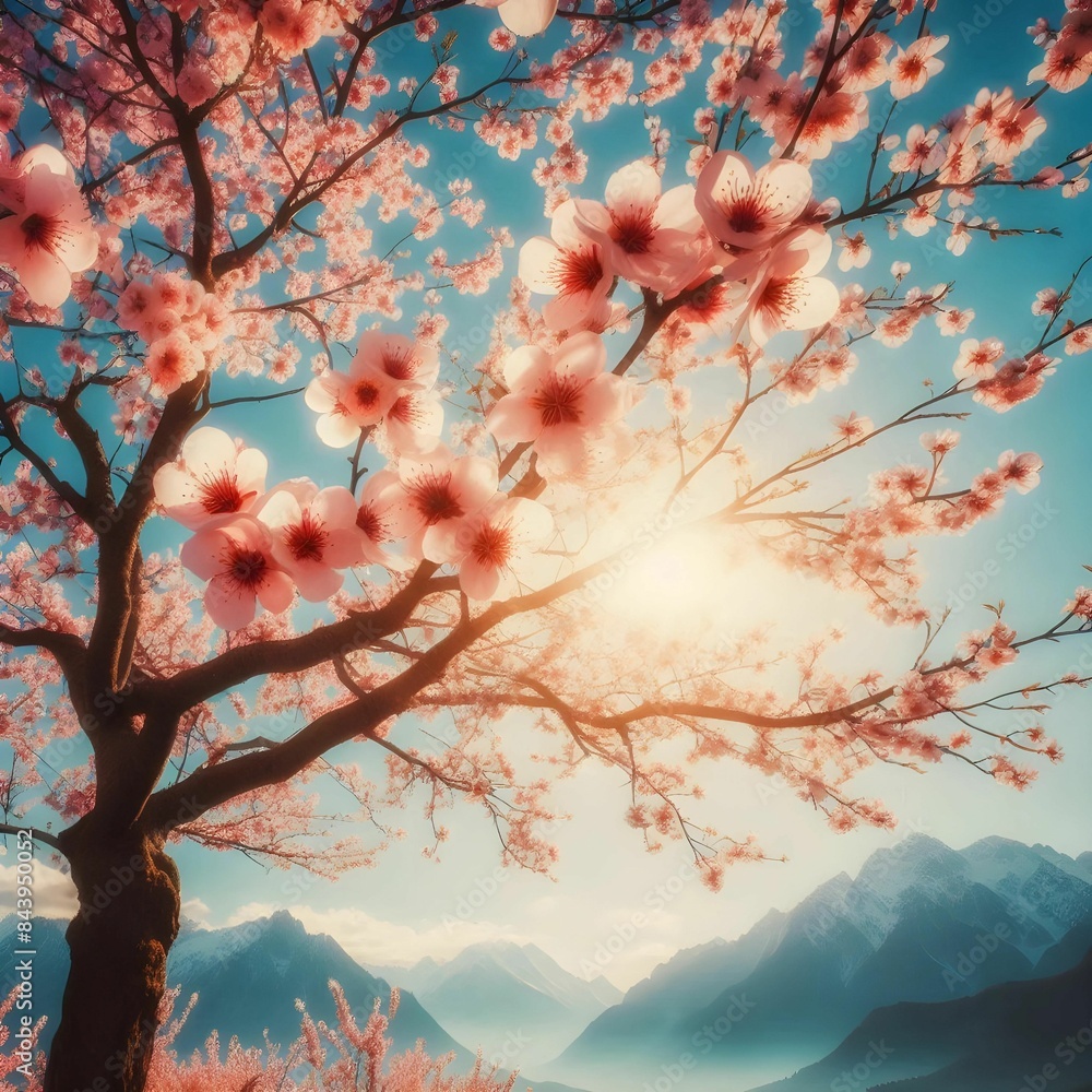Blossoming tree against clear blue sky, Realistic background with beautiful realistic lighting, brilliant colors, dynamic composition
