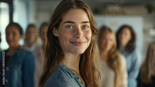 Free Download Softly focused colleagues behind smiling young woman in portrait - GFXLoad