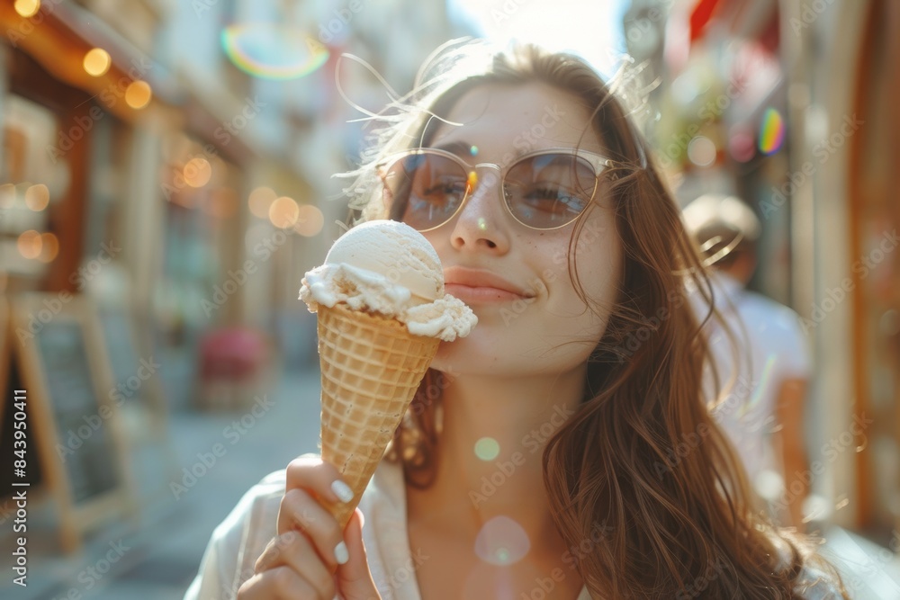 Woman Enjoying Ice Cream on a Sunny Day Woman Enjoying Ice Cream on a Sunny Day