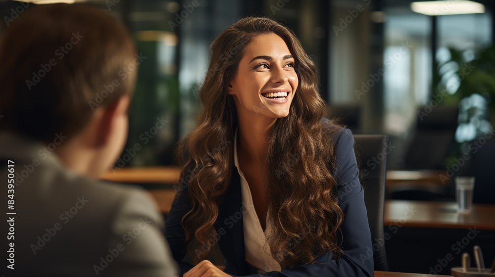 A stunning female employee with long, flowing hair and a captivating smile engages in a lively conversation with her colleague in a modern, well-lit office setting. A stunning female employee with long, flowing hair and a captivating smile engages in a lively conversation with her colleague in a modern, well-lit office setting.