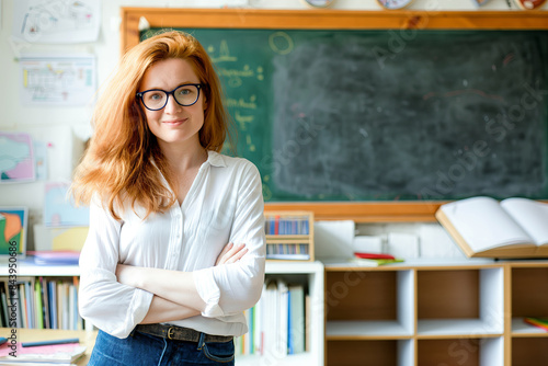 Elegant female teacher 30 years old wears white shirt, posing against chalk school board background, copy space of childhood and back to school concept