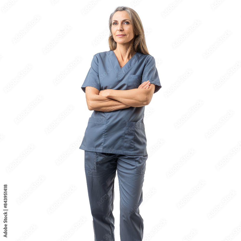 Mature woman in scrubs with arms crossed, isolated on a transparent backdrop