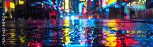 Colorful city lights reflecting on wet street after a fresh rain creating a magical view